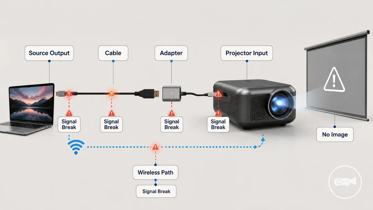 Diagramm der Ursachen für Signalverlust beim Mini-Projektor über Quellgerät, Kabel, Adapter und Eingang