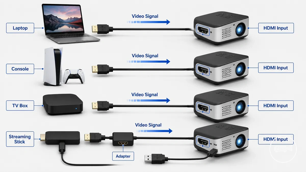 HDMI-Eingang an einem Mini-Projektor, verbunden mit Beispielen für Laptop, Konsole, TV-Box und Streaming-Stick