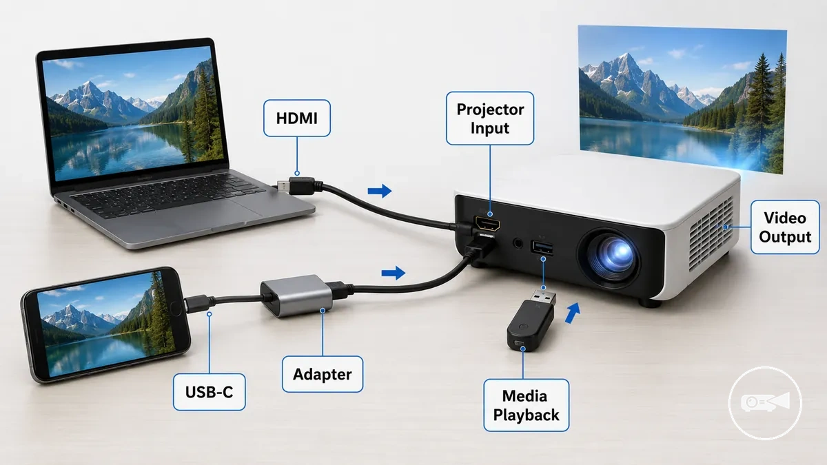 Beschriftete kabelgebundene Videoanschlüsse an einem Mini-Projektor mit HDMI-, USB-C- und Adapterbezeichnungen