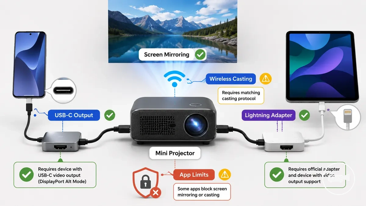 Telefon und Tablet verbunden mit einem Mini-Projektor über kompatible kabelgebundene und drahtlose Methoden