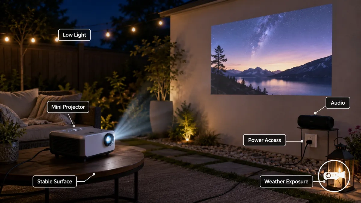 Mini projector working outside on a stable surface in a low-light backyard