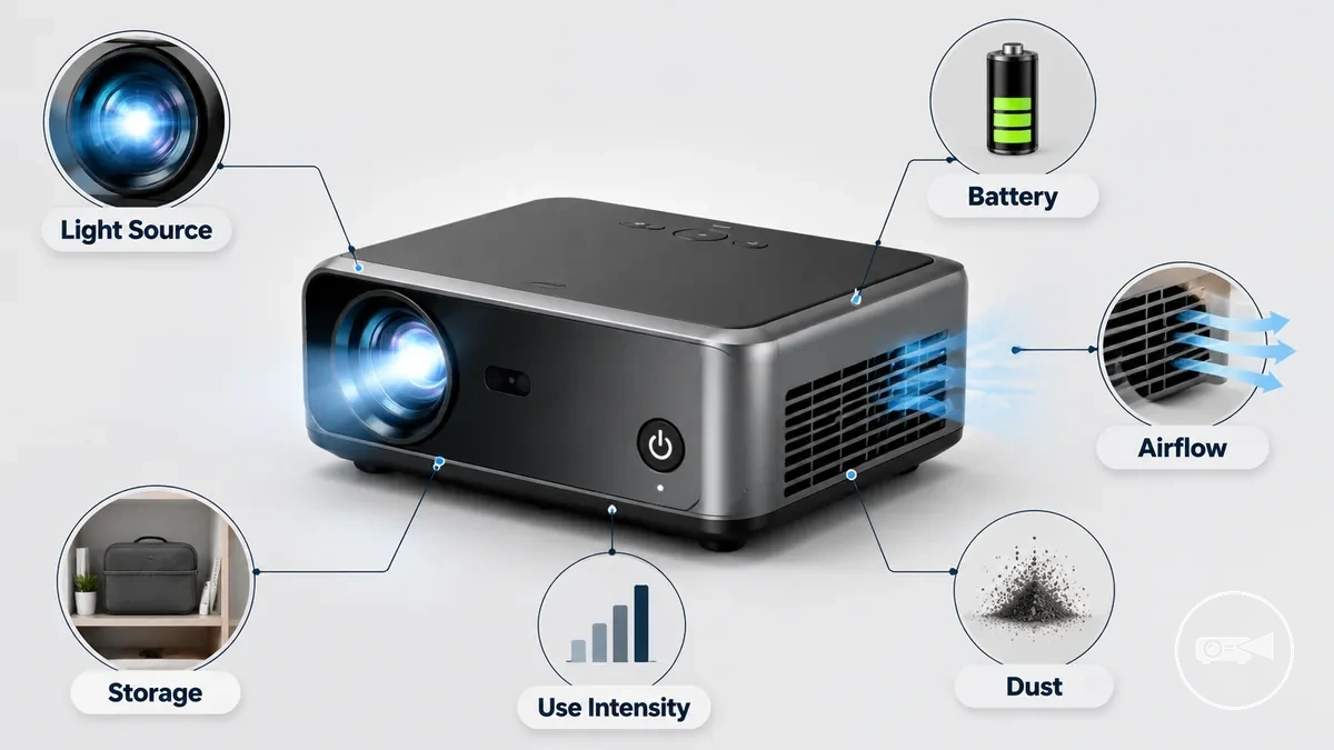 Diagram of mini projector lifespan factors including light source airflow dust battery and storage