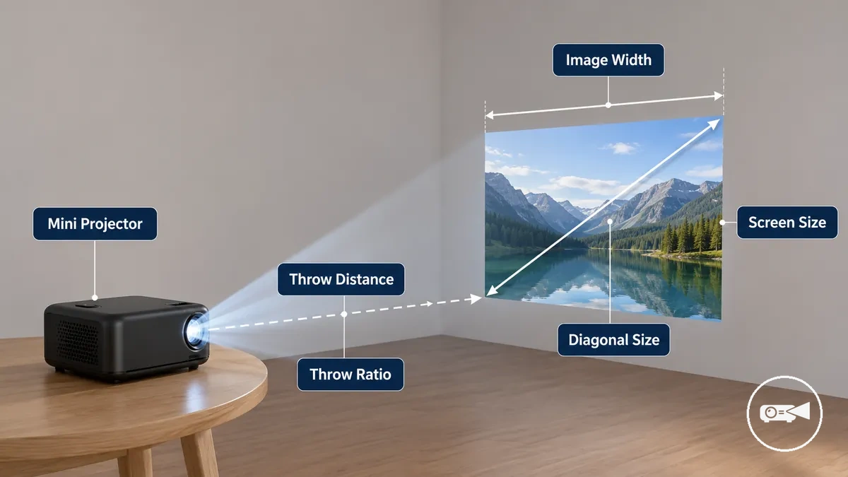 Diagram showing a mini projector with labeled throw distance, throw ratio, and projected image width