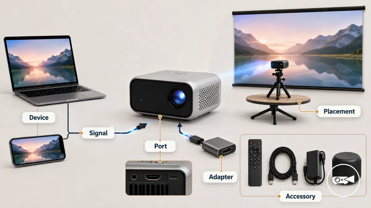 Mini projector with device, cable, adapter, placement, and accessory compatibility items