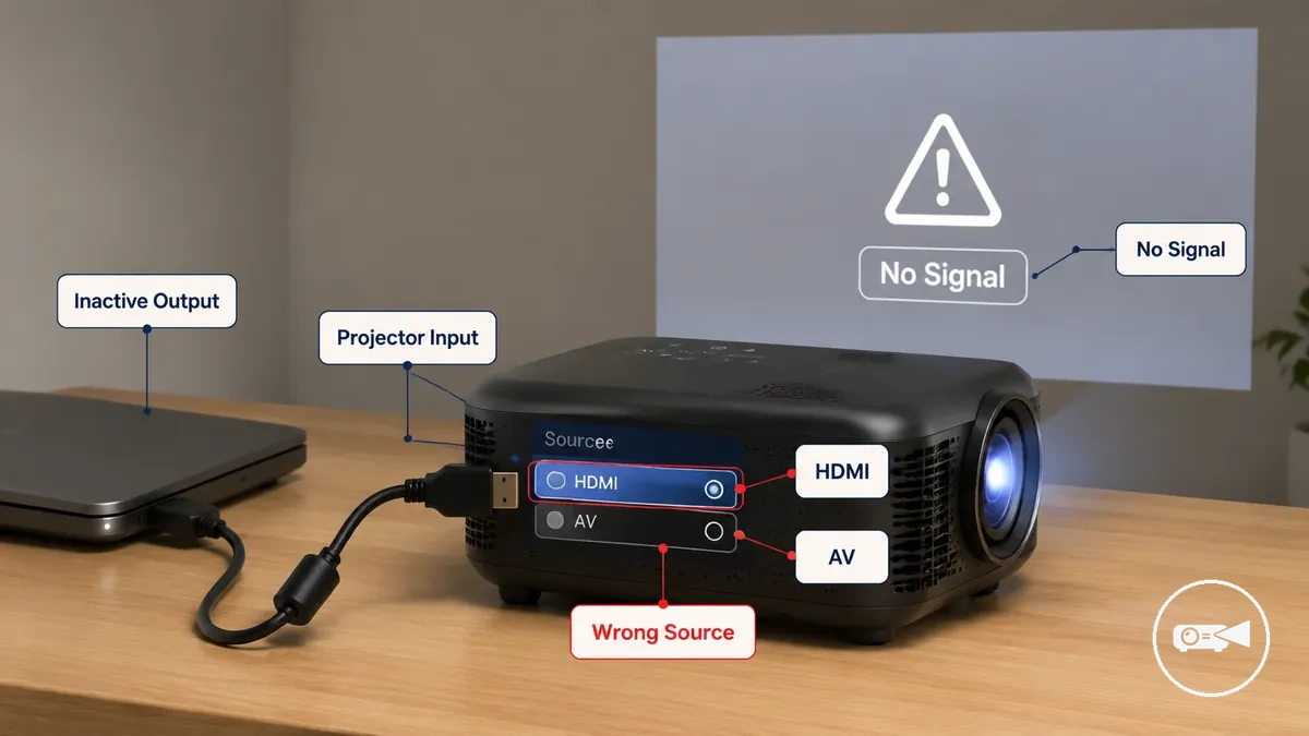Menú de entrada del mini proyector mostrando una fuente de entrada incorrecta con un dispositivo de vídeo conectado