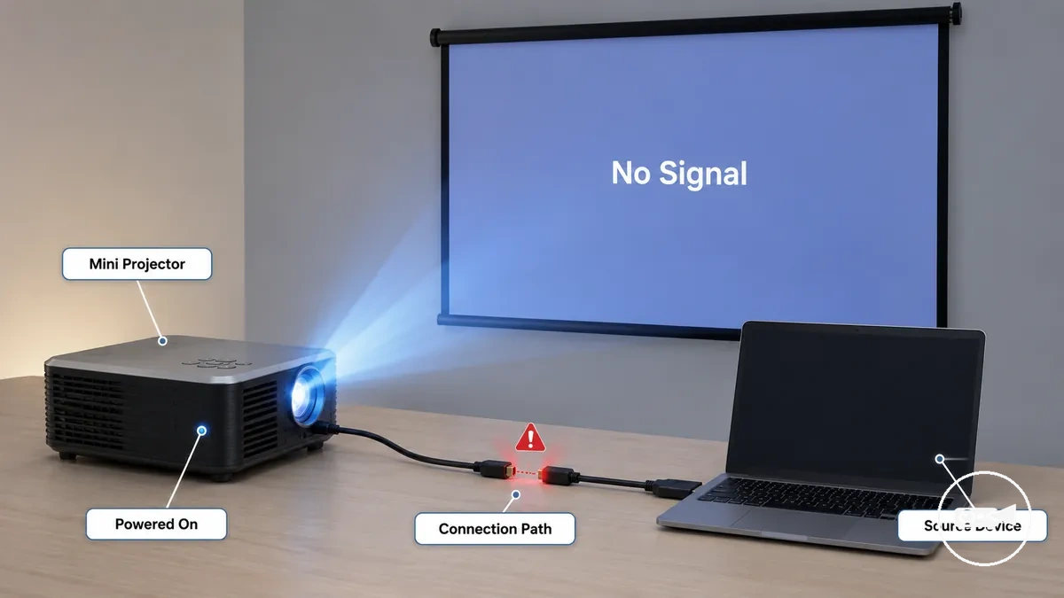 Mensaje de sin señal del mini proyector con el dispositivo de origen y la ruta del cable etiquetados