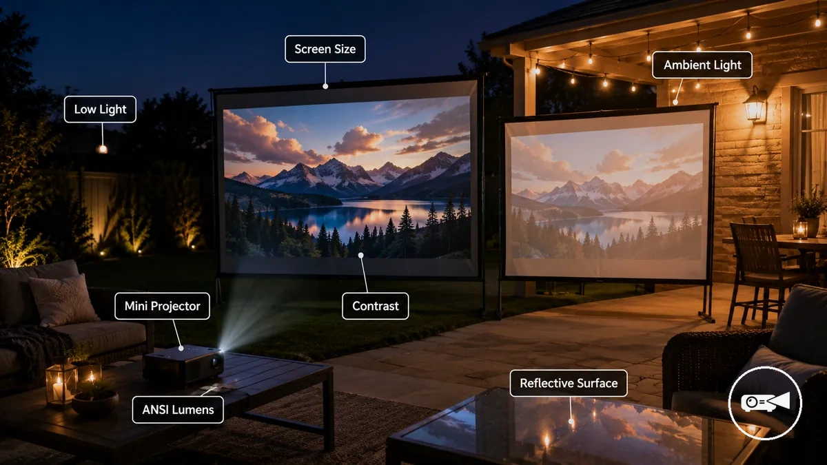 Visibilidad de la imagen de un mini proyector en exteriores afectada por la luz ambiental y el tamaño de la pantalla