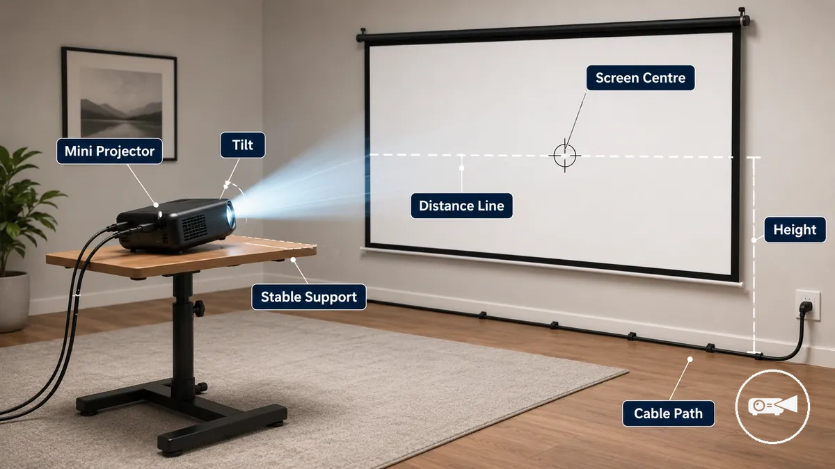 Colocación de un mini proyector sobre un soporte estable frente a una pantalla