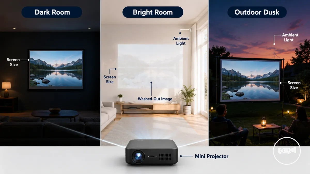 Comparación de las necesidades de brillo de un mini proyector en diferentes entornos de visualización