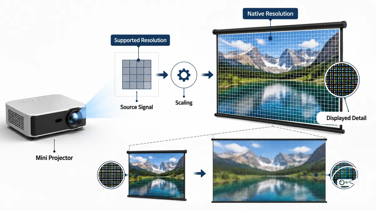 Diagrama que muestra un mini proyector con resolución nativa, resolución compatible y detalle de imagen mostrada