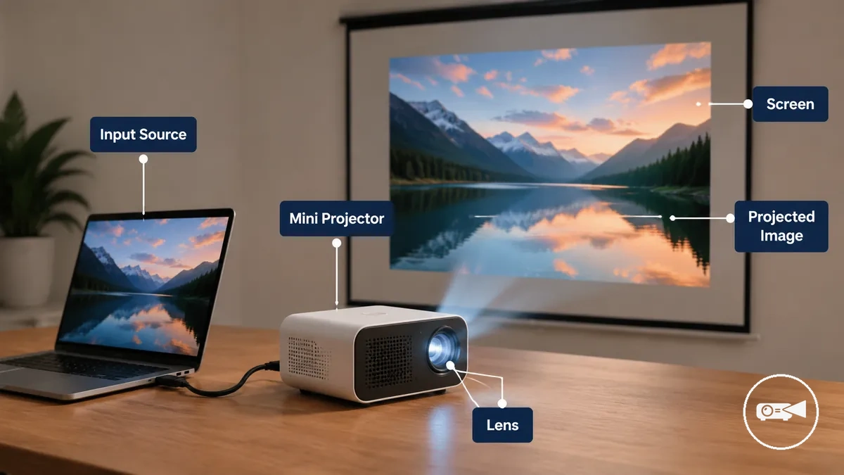 Mini proyector compacto sobre una mesa proyectando una imagen en una pared