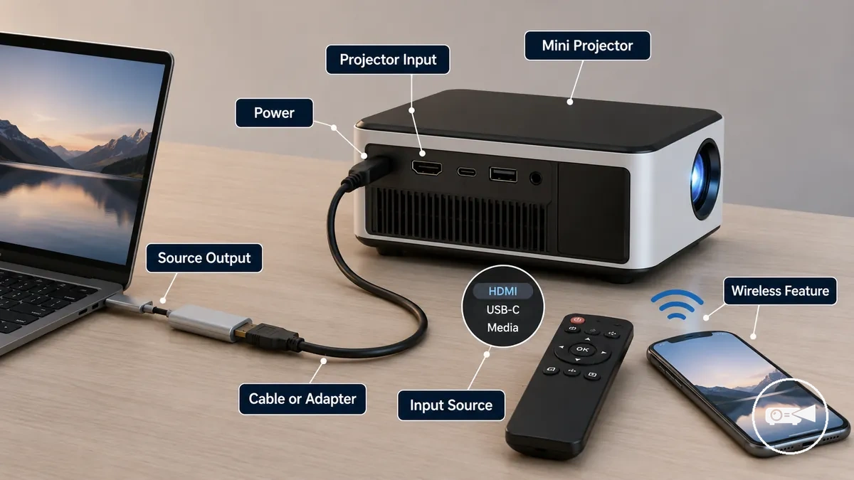 Requisitos de conexión del mini proyector que muestran el puerto de entrada, el cable de alimentación, el adaptador y el dispositivo de origen.