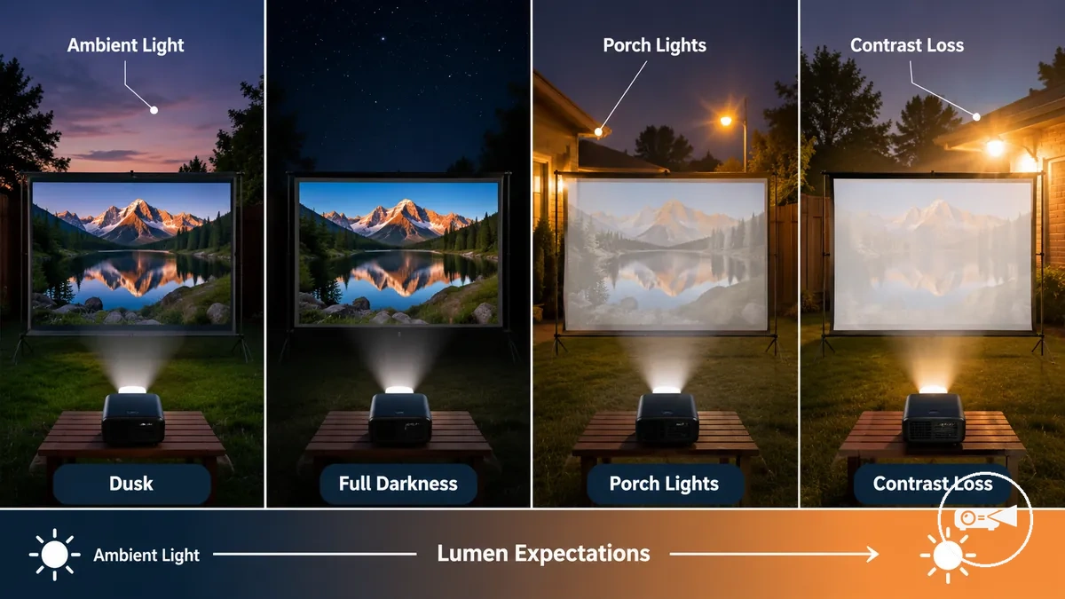 Comparaison de la visibilité d un mini projecteur au crépuscule et dans des conditions extérieures plus sombres