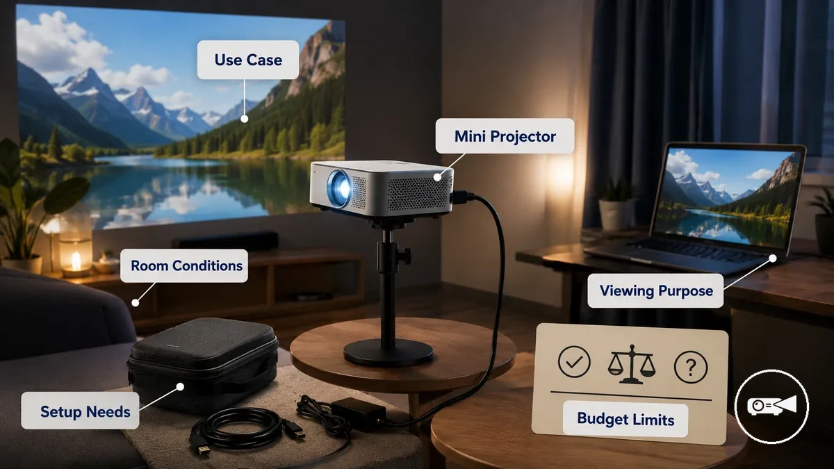 Installation d’un mini projecteur dans une pièce avec un support, des câbles et une zone de visionnage