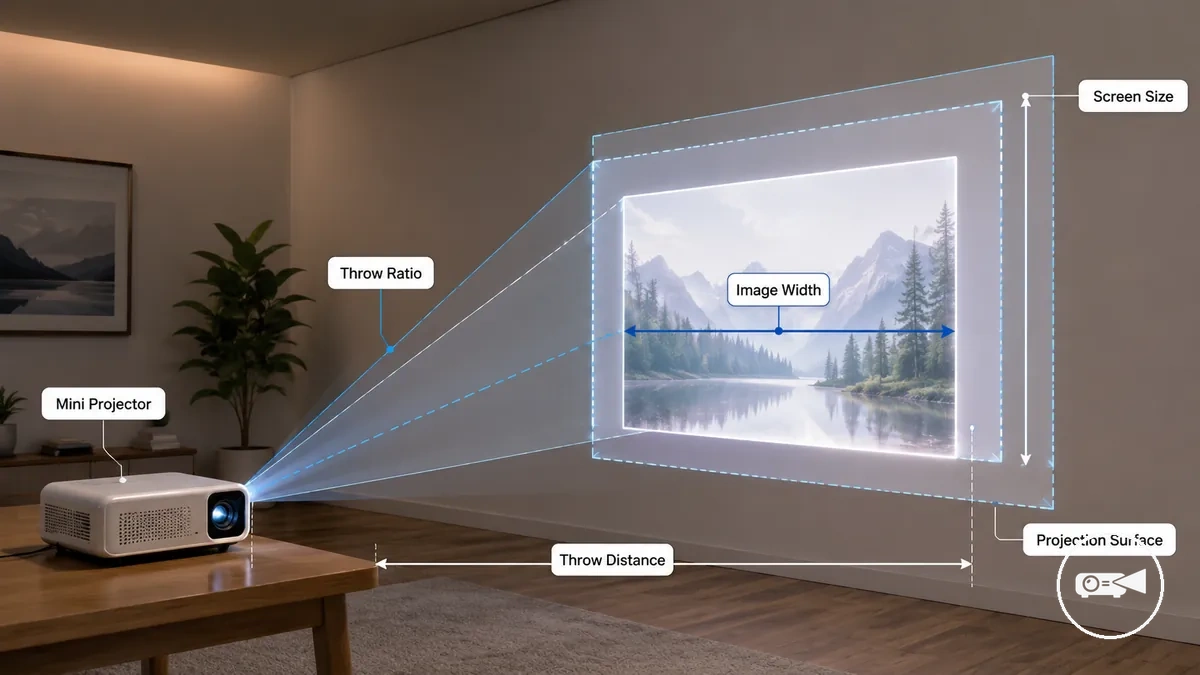 Mini projecteur face à une surface de projection avec distance de projection et largeur d’image indiquées dans une pièce simple