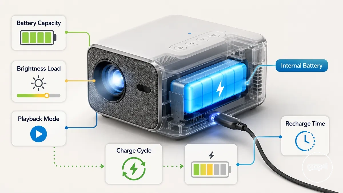 Mini projecteur compact montrant une zone de batterie rechargeable interne, un câble de charge et un indicateur d état de la batterie