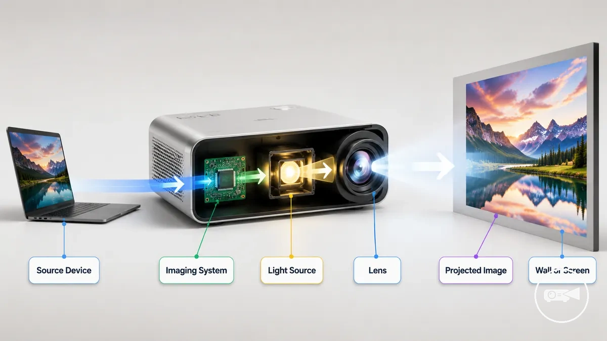 Diagramme montrant comment un mini projecteur envoie la lumière à travers un objectif pour créer une image sur un écran