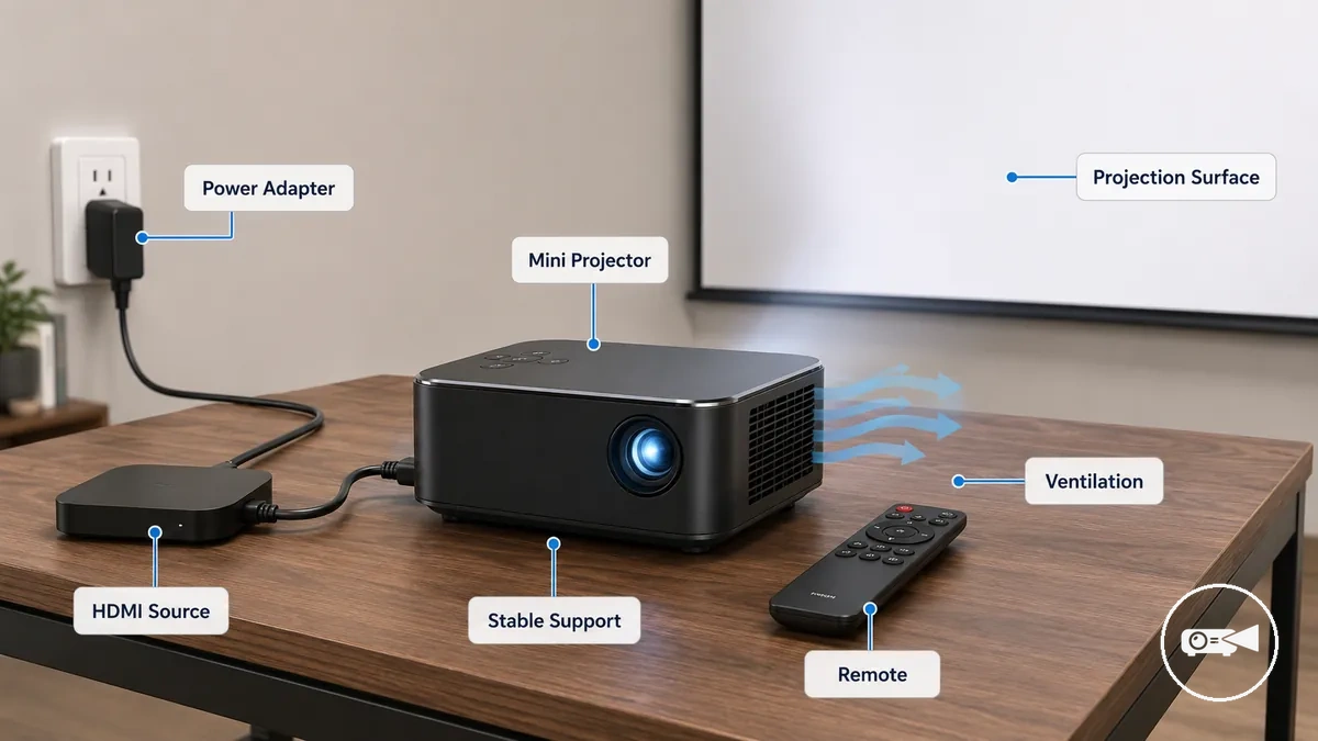 Éléments d installation du mini projecteur disposés pour la première utilisation