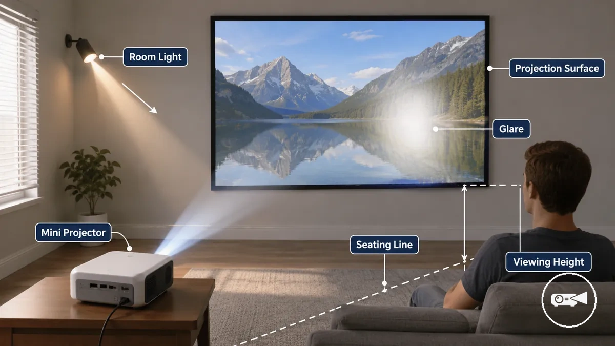 Schéma d installation d un mini projecteur dans une pièce avec écran et position de visionnage