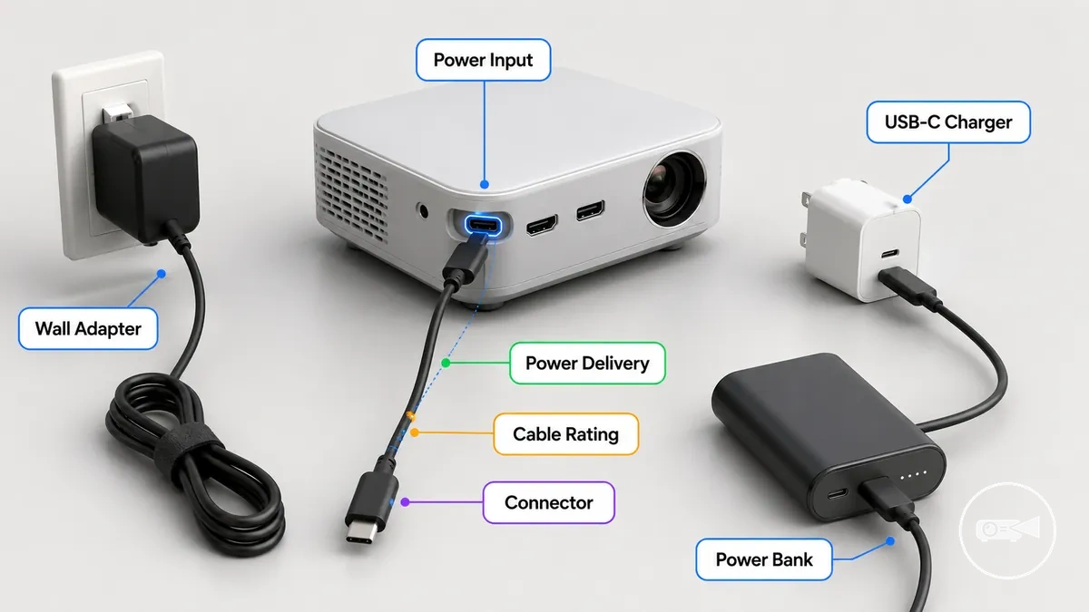 Exemplo anotado mostrando um mini projetor conectado a um adaptador de parede, carregador USB-C e power bank com verificações de compatibilidade para a entrada de energia