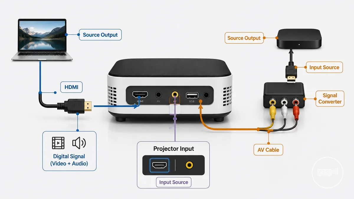 Conexões de cabo HDMI e AV mostradas ao lado das portas de entrada correspondentes do mini projetor.
