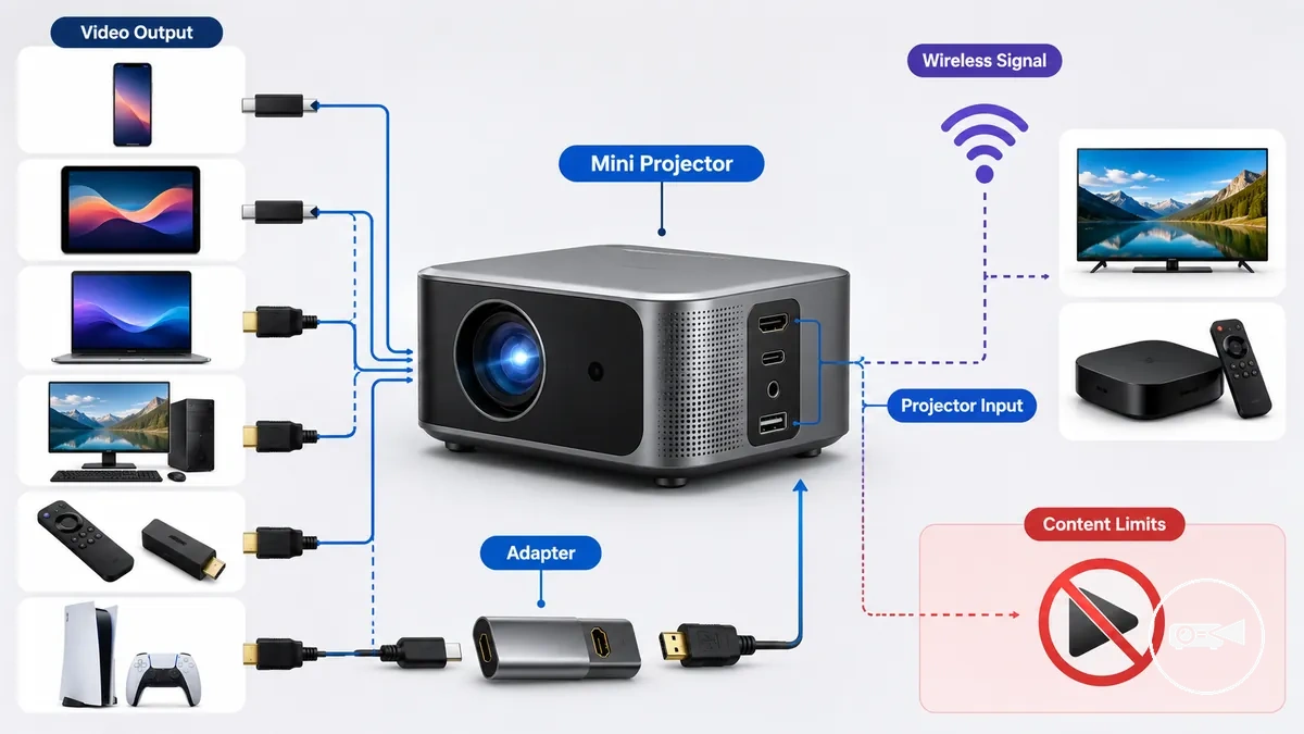 Mini projetor conectado a múltiplos dispositivos de origem compatíveis