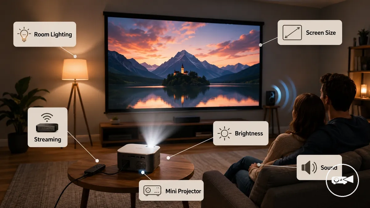 Mini projetor compacto exibindo um filme em um ambiente com pouca luz para exibição doméstica