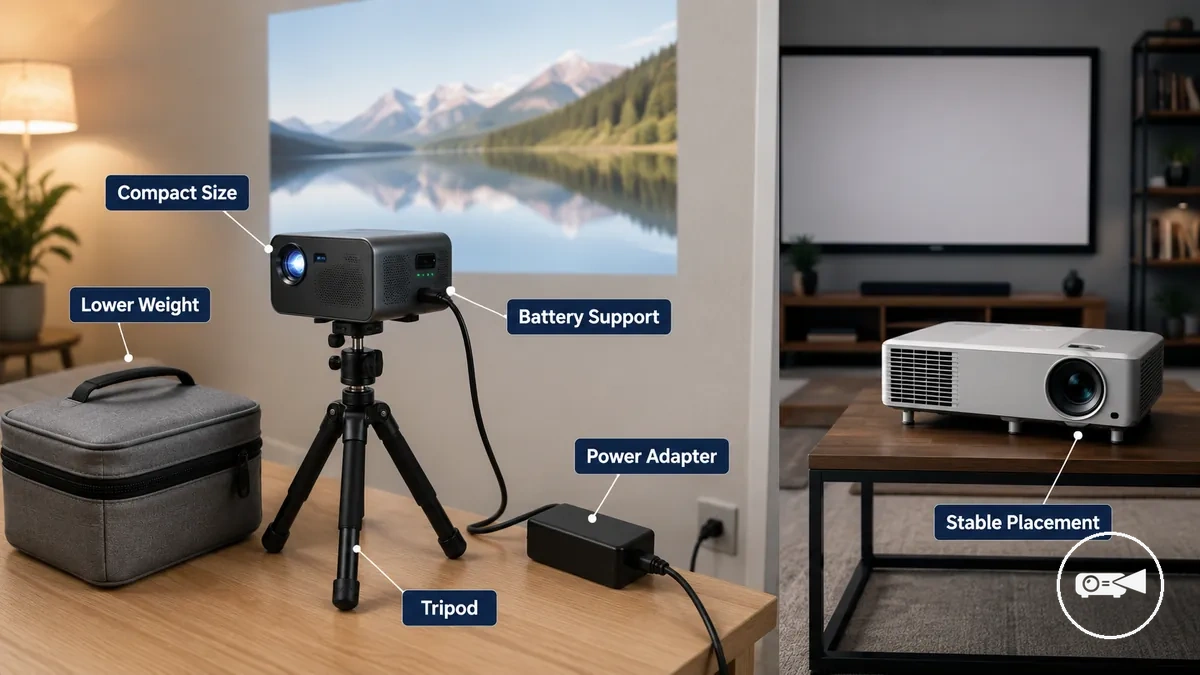Mini projetor compacto com cabo de alimentação e tripé para configuração portátil