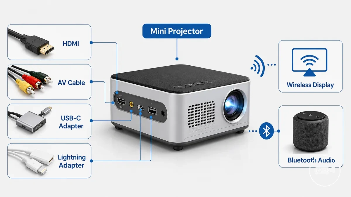 Portas do mini projetor com cabo HDMI, adaptador para celular, cabo AV e opção de exibição sem fio identificados.