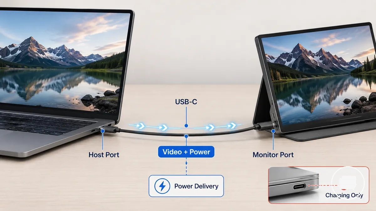 اتصال كابل USB-C واحد بين الكمبيوتر المحمول والشاشة المحمولة