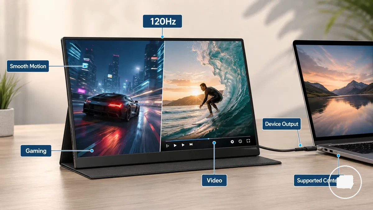 Tragbarer Monitor mit 120 Hz, der flüssigeres Gaming und Videobewegungen zeigt