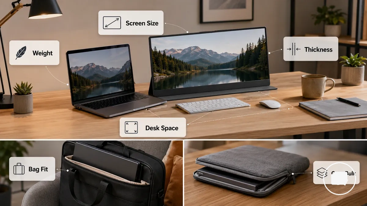 Bildschirmgröße und Transportgrenze eines tragbaren Monitors im Vergleich mit Laptop und Tasche