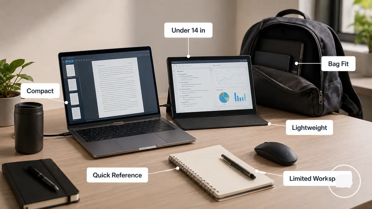Kleiner tragbarer Monitor unter 14 Zoll, gezeigt mit einem Laptop und einer Reisetasche als Größenvergleich