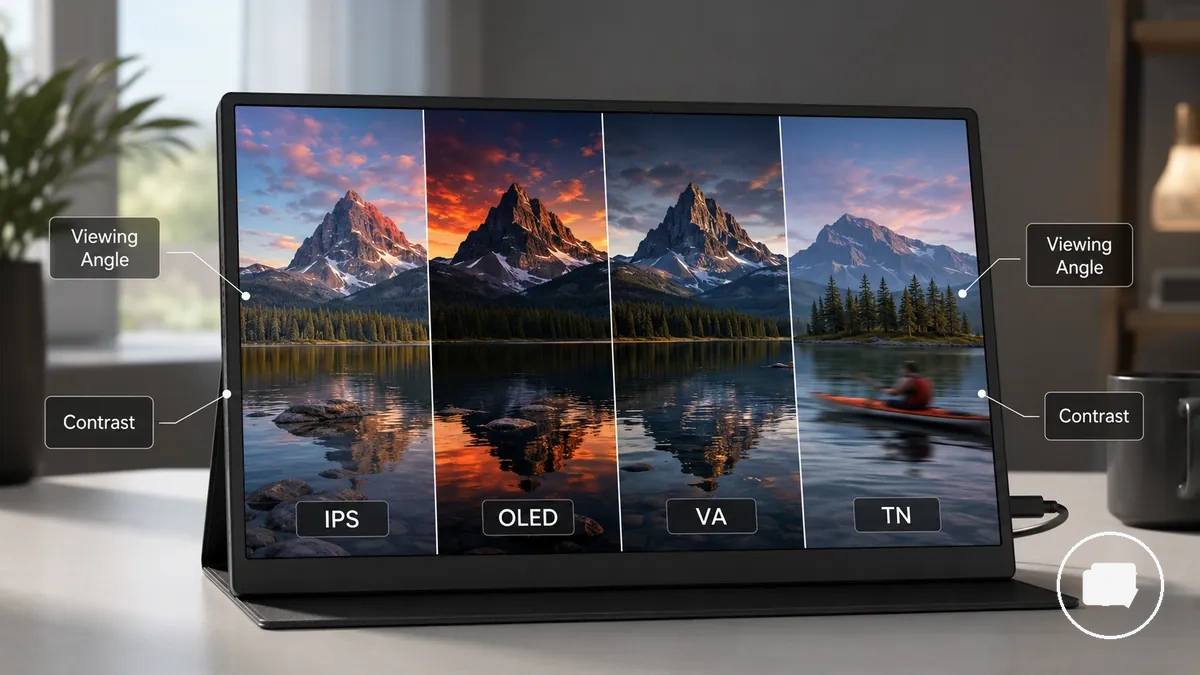 Vergleichende Darstellung tragbarer Monitore mit IPS-, OLED-, VA- und TN-Paneleigenschaften