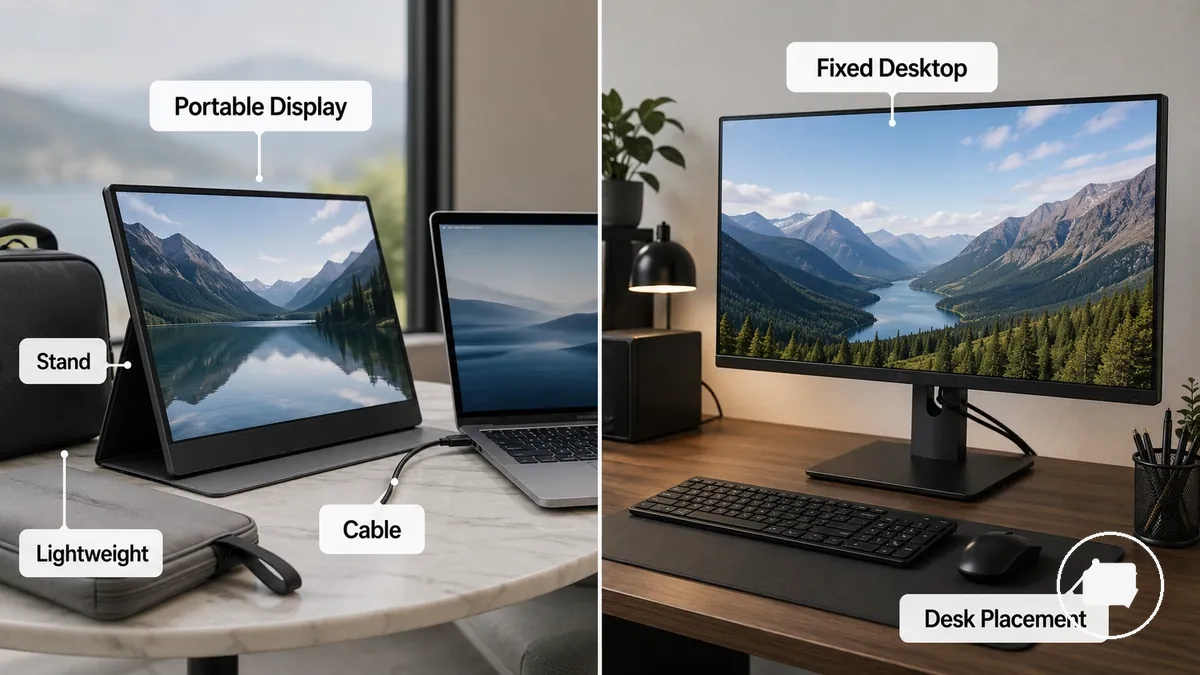 Kommentierter Vergleich eines tragbaren Displays und eines festen Desktop-Displays mit Darstellung der physischen Unterschiede