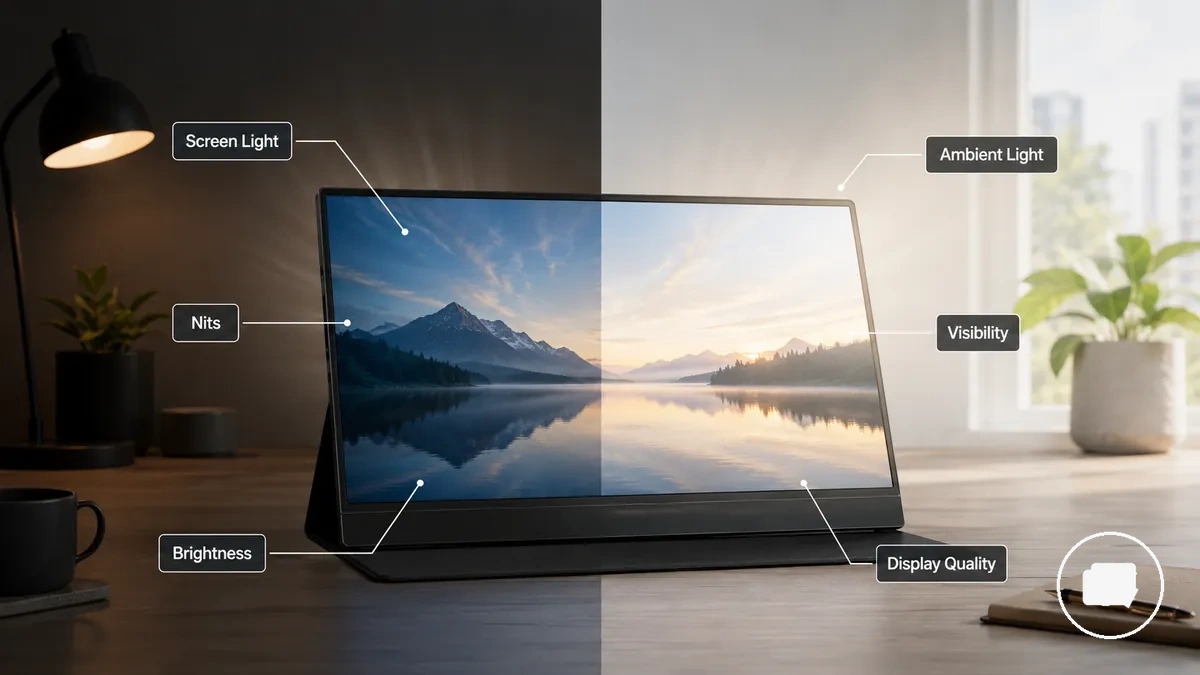 Beschriftetes Diagramm zur Lichtleistung, Nits und Sichtbarkeit eines tragbaren Monitors
