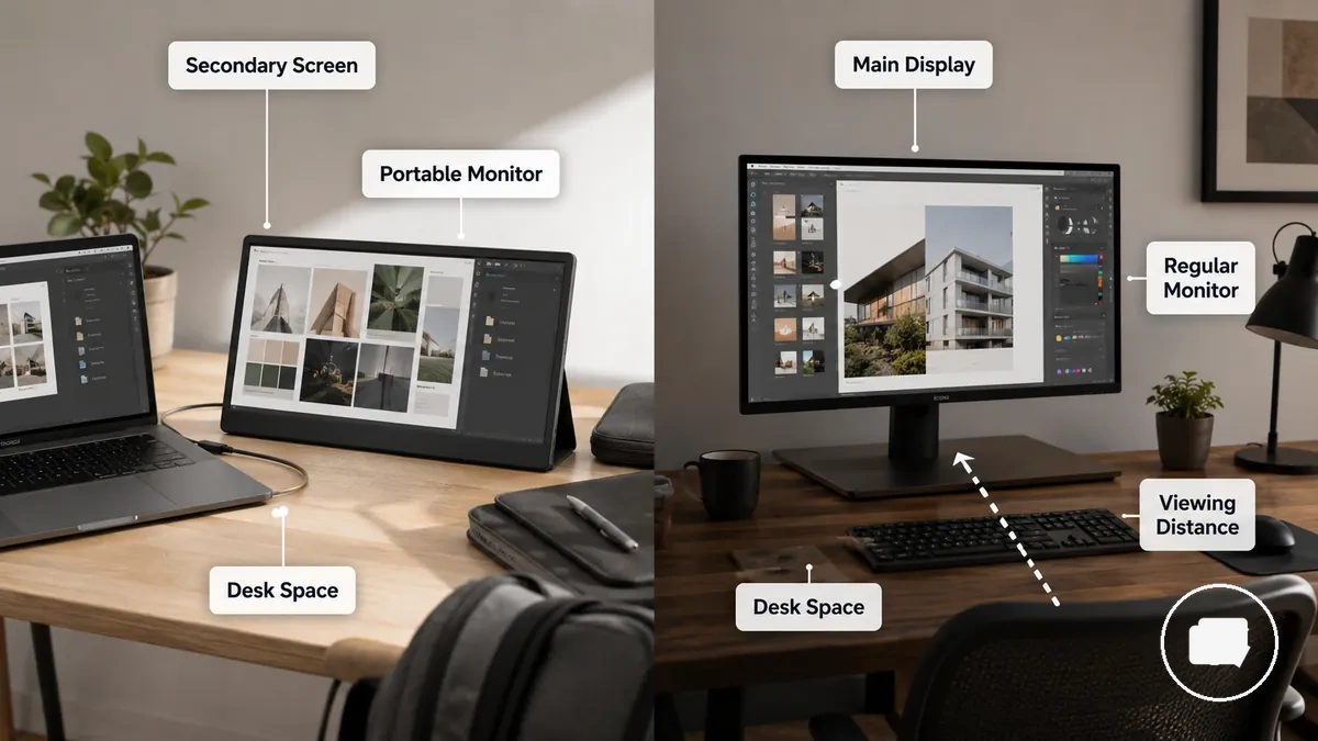 Vergleich, der einen tragbaren Monitor als Zweitbildschirm und einen normalen Monitor als Hauptarbeitsplatz-Monitor zeigt