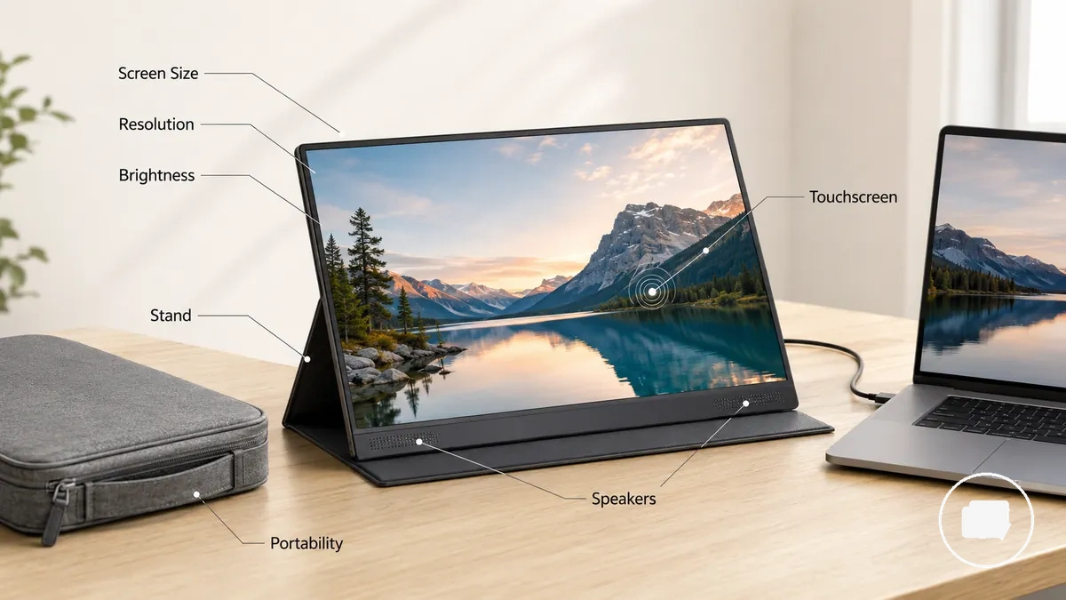Annotated portable monitor highlighting features that influence everyday usability