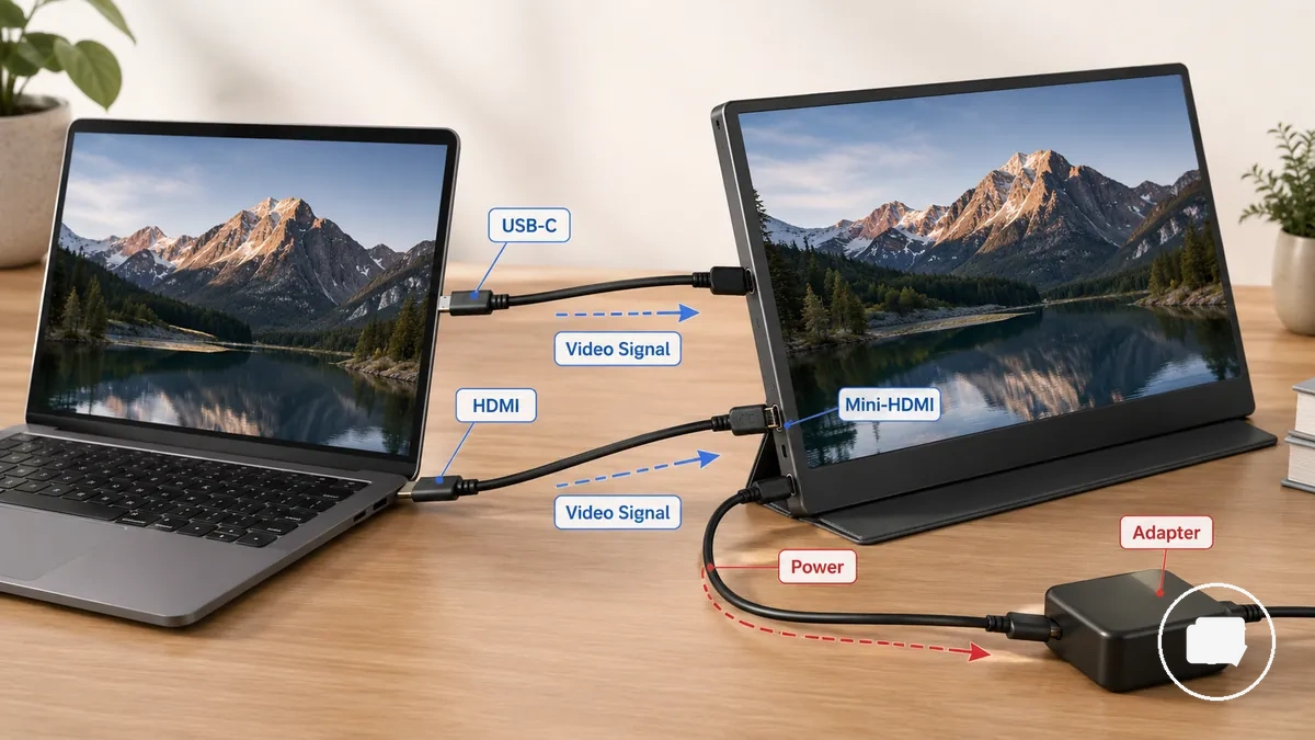 USB-C HDMI and power connections for portable monitor setup