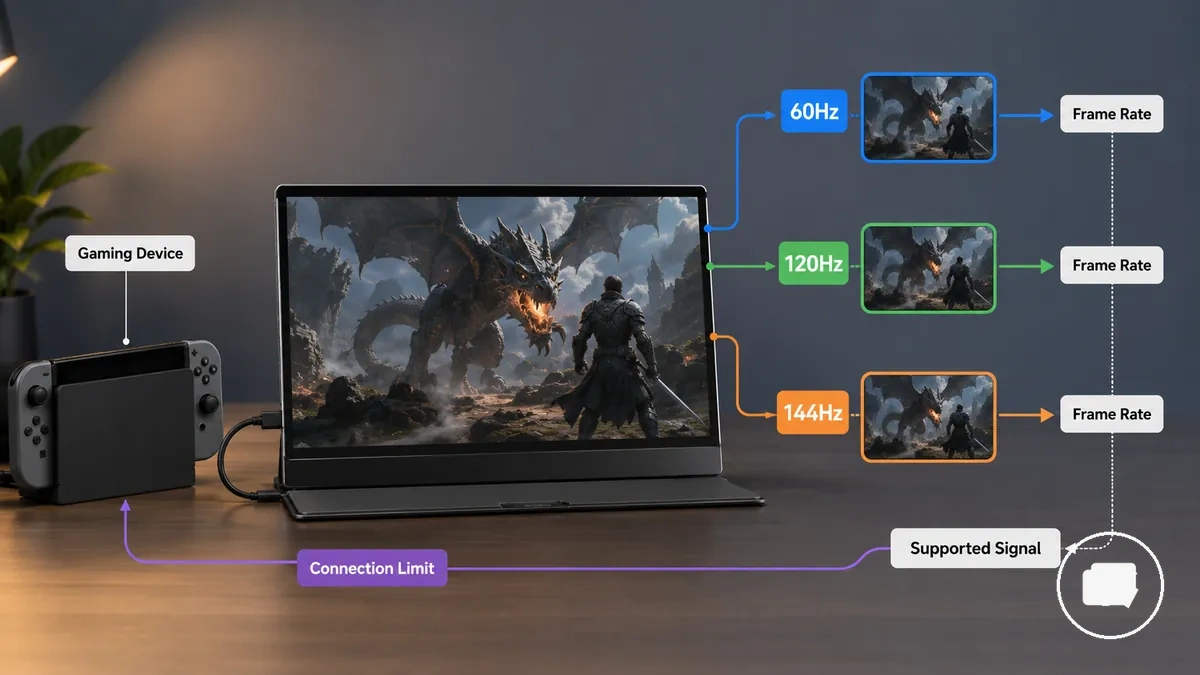 Comparison graphic showing refresh rate and frame rate limits for portable monitor gaming