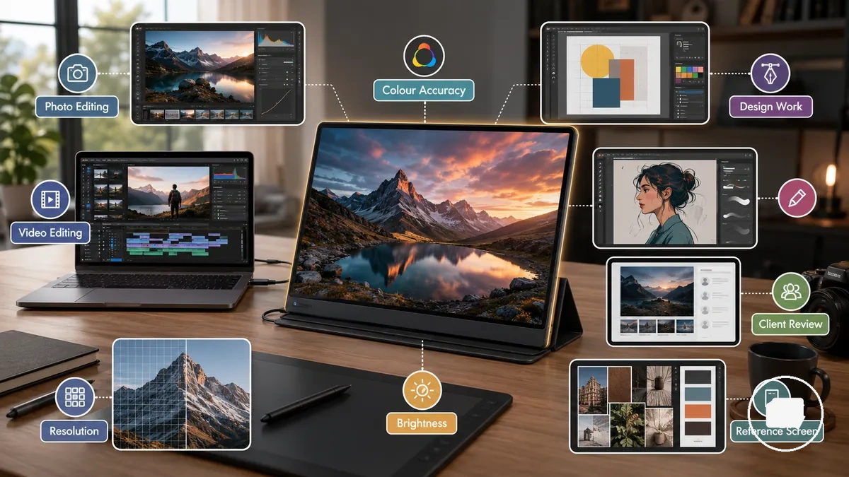 Portable monitor showing photo editing and colour review beside a laptop