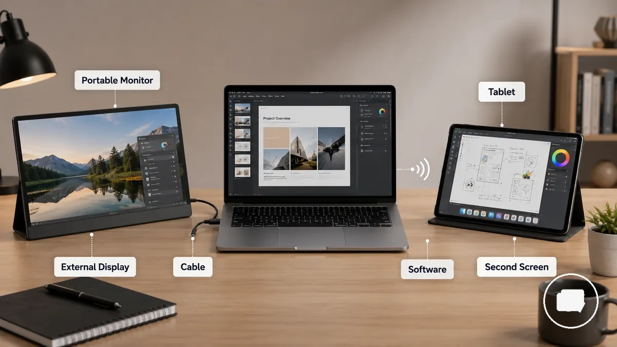 Portable monitor and tablet showing different second screen roles