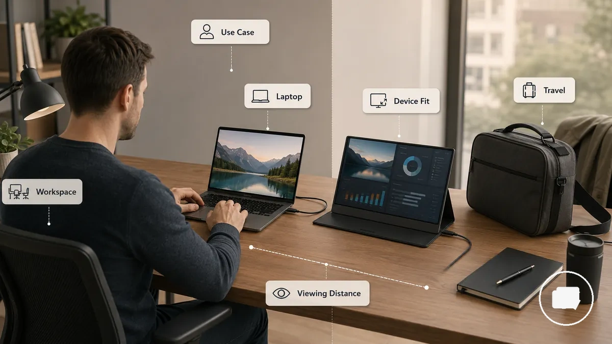 Portable monitor use-case fit with laptop workspace and viewing distance