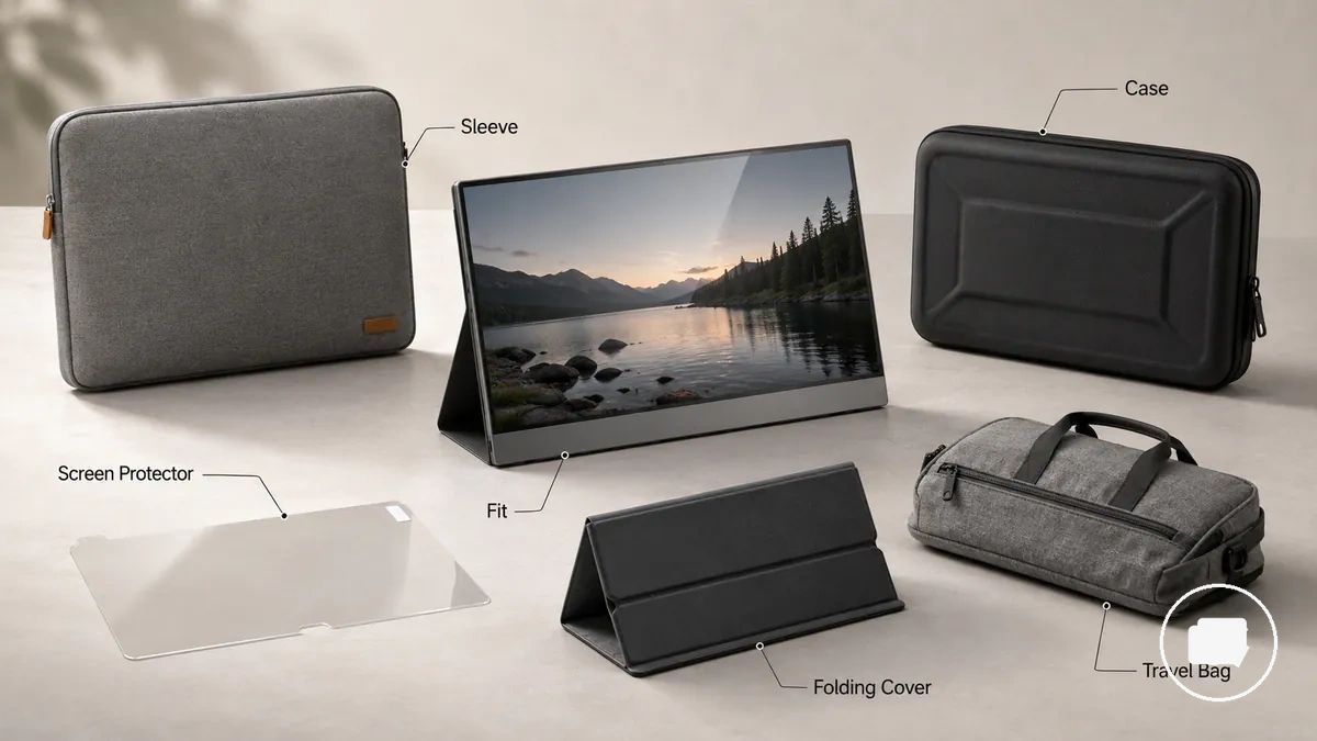 Protective accessories for portable monitors compared by case, sleeve, cover, screen protector, and travel bag