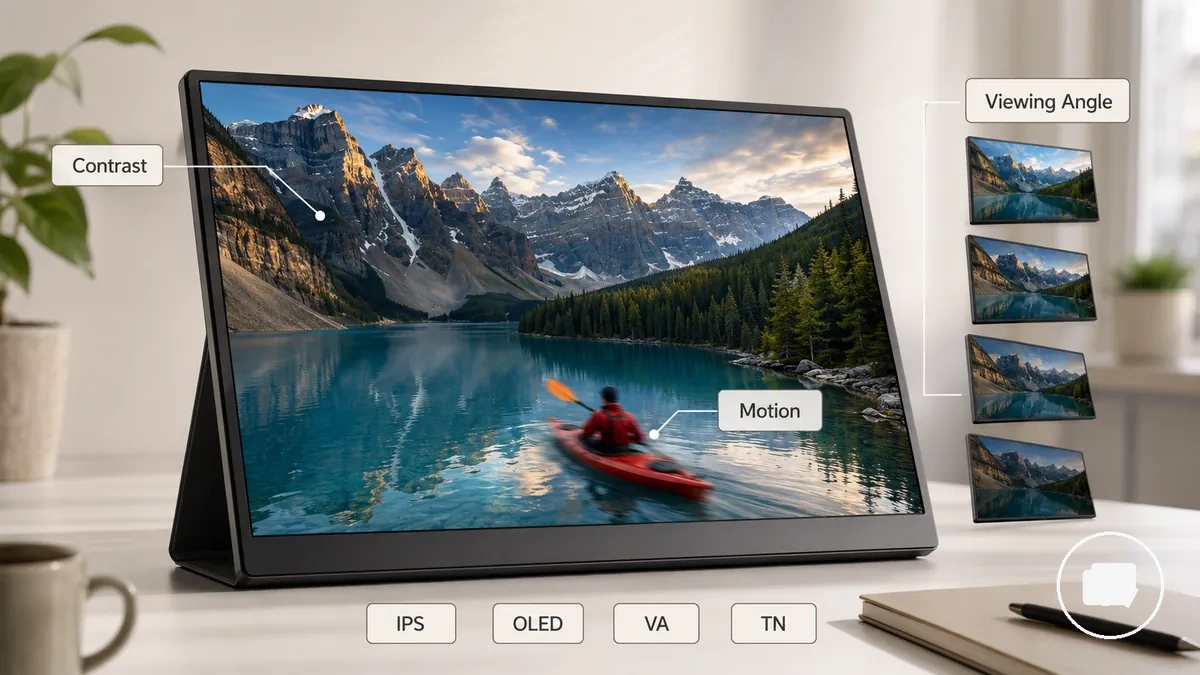 Annotated portable monitor showing contrast, viewing angle and motion behaviour