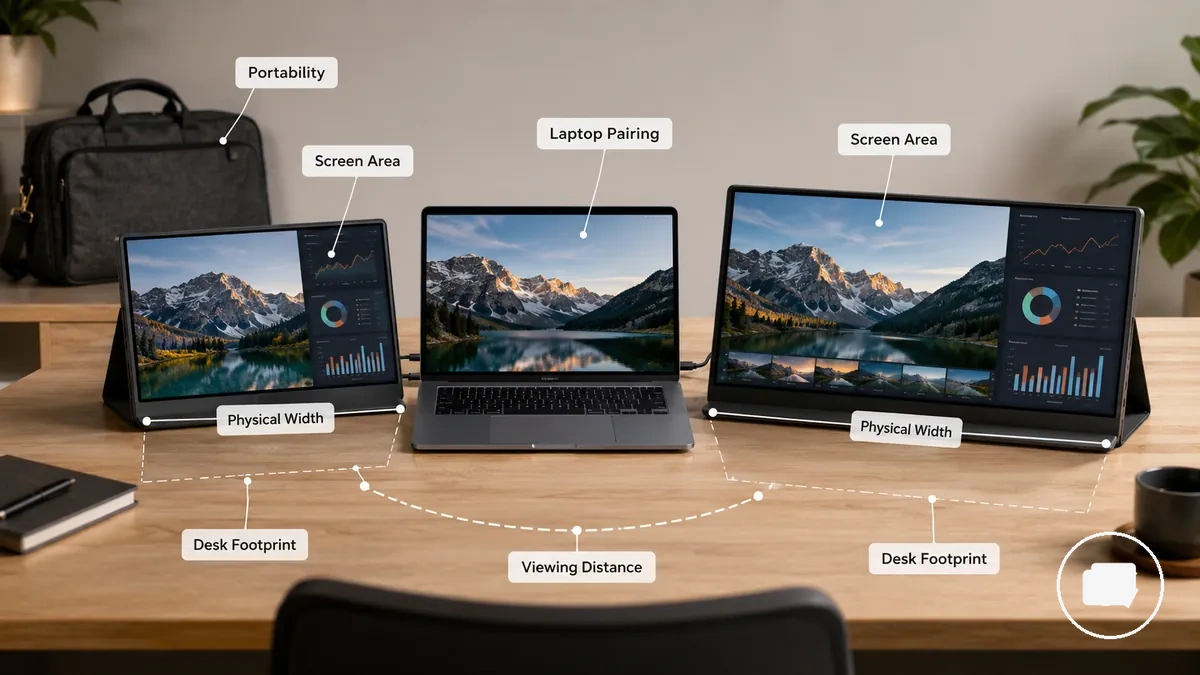 Comparación del tamaño de pantalla de monitores portátiles que muestra la huella en el escritorio y el área de pantalla utilizable