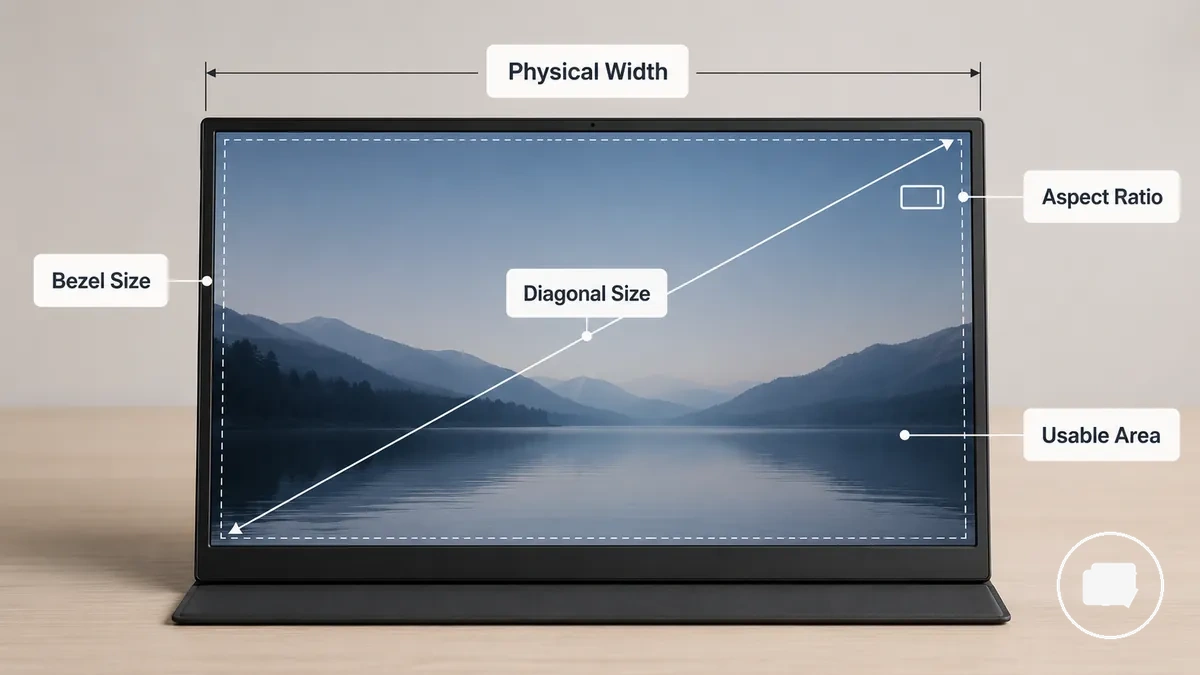 Diagrama de un monitor portátil que muestra el tamaño diagonal, la anchura, el marco y el área de pantalla utilizable