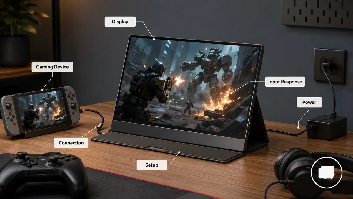 Configuración de gaming con monitor portátil anotada que muestra pantalla, conexión, alimentación y ajuste del soporte