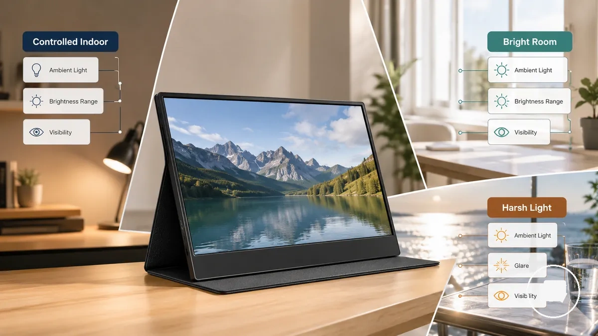 Comparación de rangos de brillo del monitor portátil en diferentes entornos