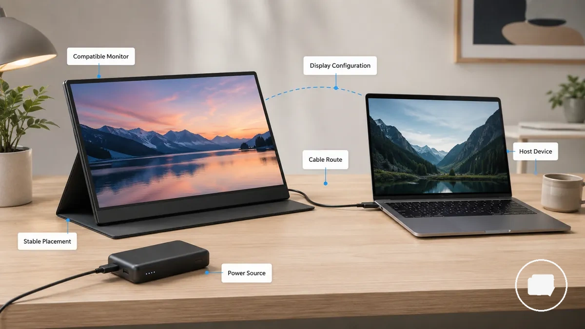 Requisitos de configuración de un monitor portátil con cable de portátil, alimentación y soporte